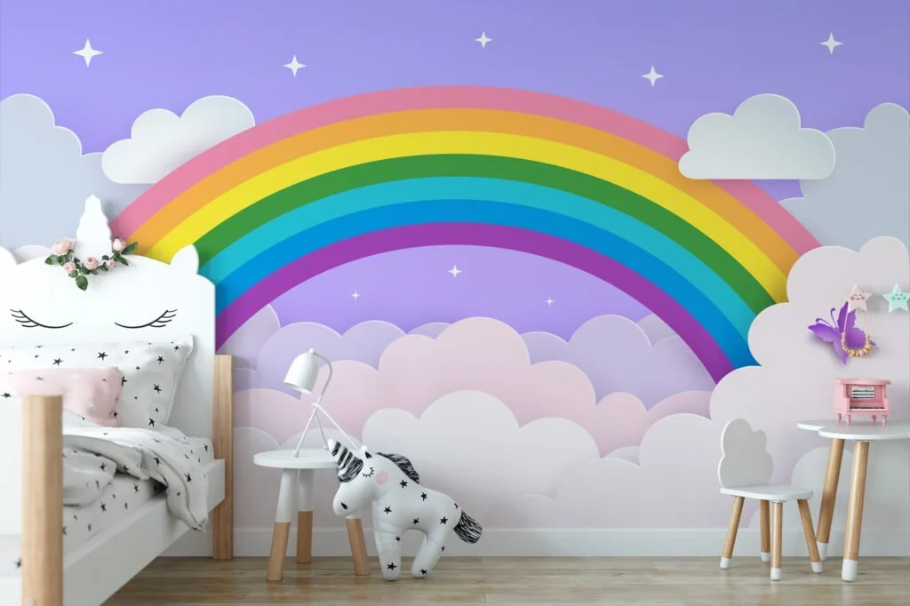 Wallpaper with Rainbow in Clouds Illustration on a Purple Background, Peel & Stick Wallpaper, Fabric Wallpaper