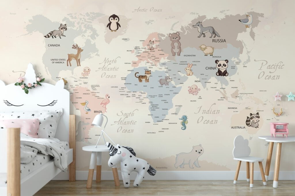 Nursery Wallpaper with Pastel World Map and Animals, Removable Wallpaper, Self Adhesive Wall Mural