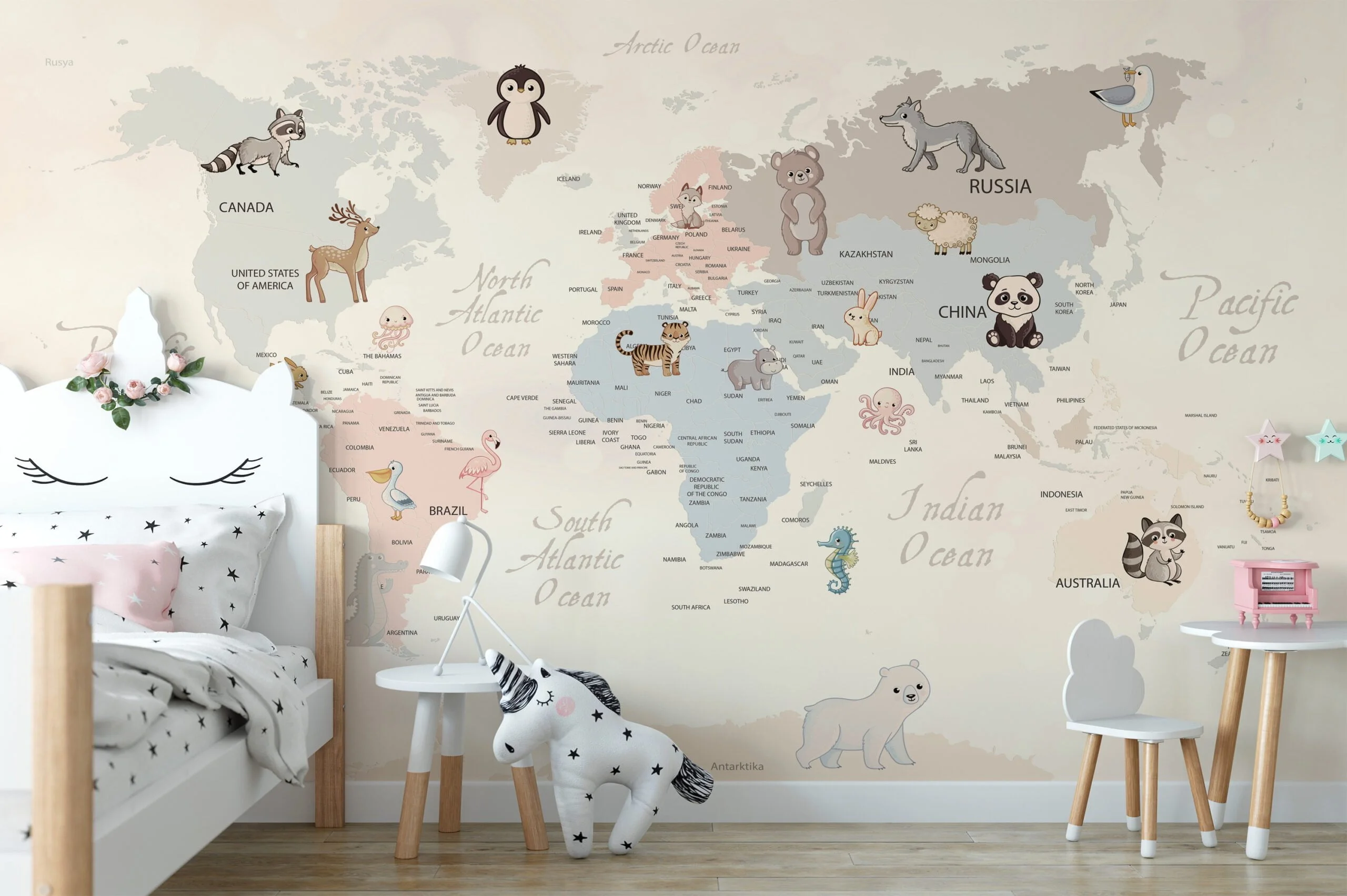 Nursery Wallpaper with Pastel World Map and Animals, Removable Wallpaper, Self Adhesive Wall Mural