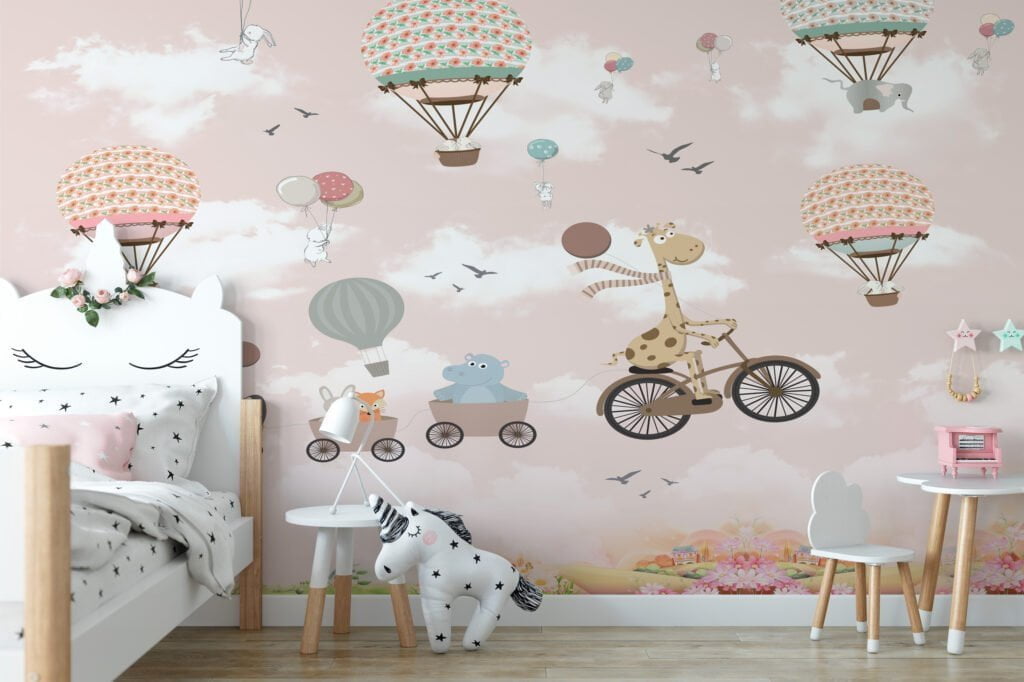 Nursery Wallpaper with Pink Pastel Hot Air Balloons, Temporary Wallpaper, Removable Wall Mural