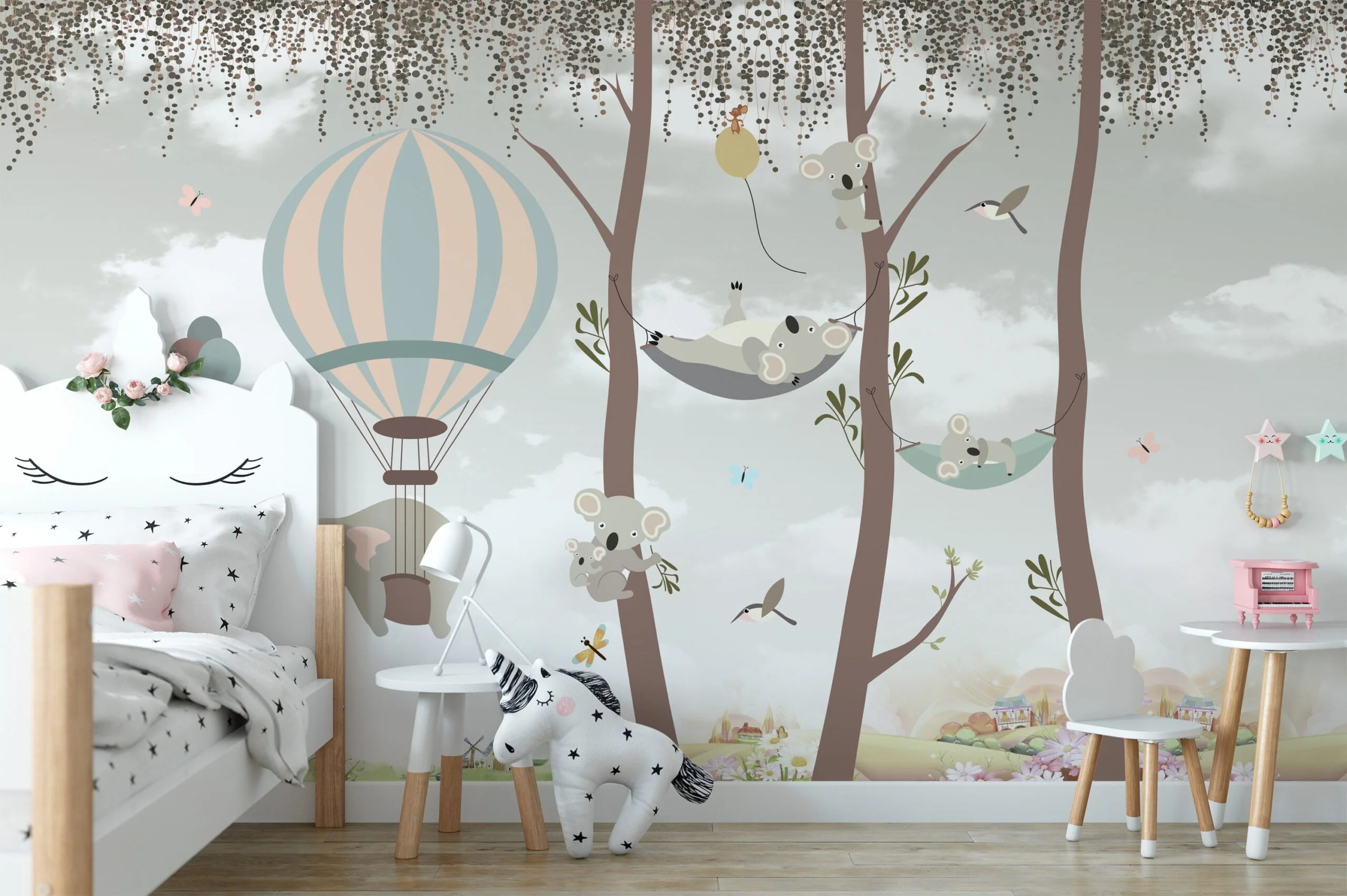 Nursery Wallpaper with Cute Trees and Koalas, Peel & Stick Wallpaper, Durable Wallpaper