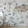 Cute Nursery World Map Wallpaper with Pastel Beige and Animals, Peel & Stick Wallpaper, Fabric Wallpaper