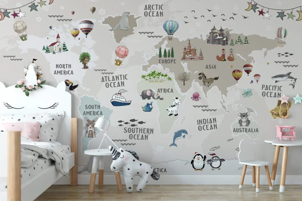 Cute Nursery World Map Wallpaper with Pastel Beige and Animals, Peel & Stick Wallpaper, Fabric Wallpaper