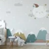 Nursery Wallpaper with Cute Sleeping Moon, Stars, and Mountains, Temporary Wallpaper, Removable Wall Mural