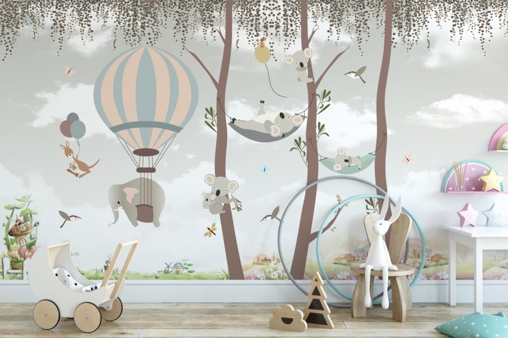 Nursery Wallpaper with Cute Trees and Koalas, Peel & Stick Wallpaper, Durable Wallpaper