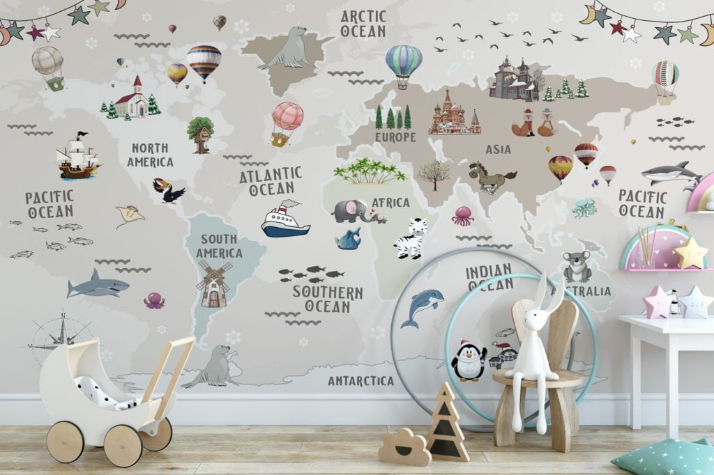 Cute Nursery World Map Wallpaper with Pastel Beige and Animals, Peel & Stick Wallpaper, Fabric Wallpaper