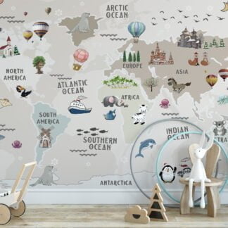 Cute Nursery World Map Wallpaper with Pastel Beige and Animals, Peel & Stick Wallpaper, Fabric Wallpaper