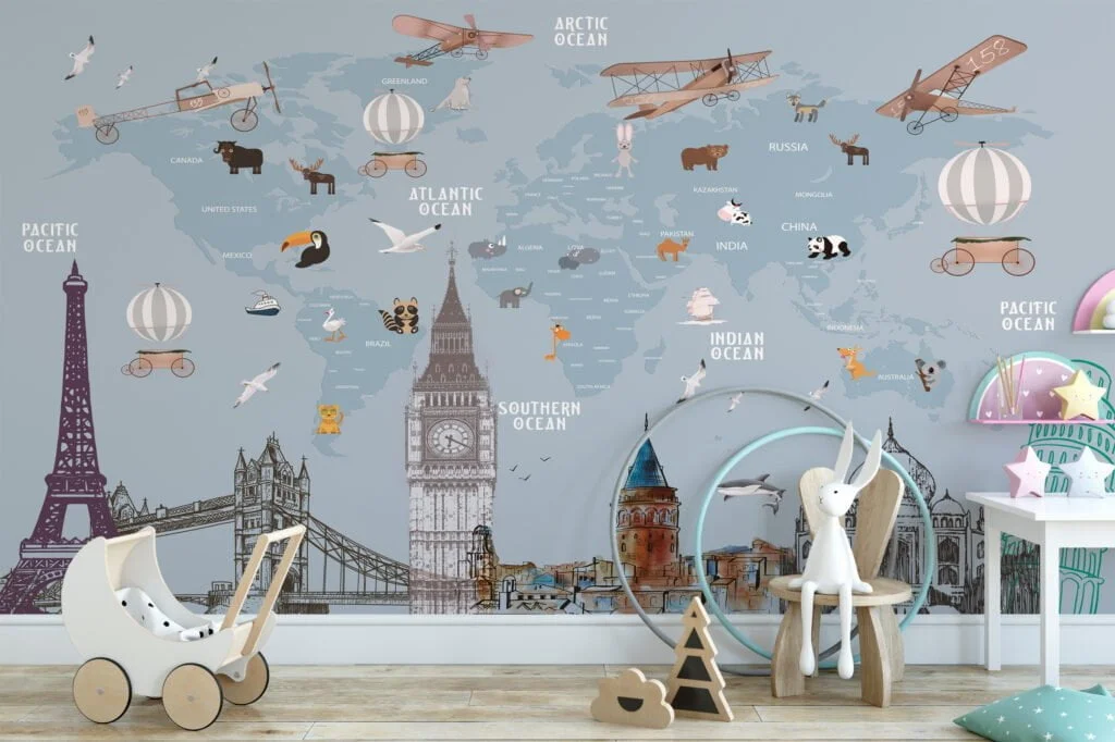 Nursery World Map Wallpaper with Animals and World Famous Architectures, Temporary Wallpaper, Removable Wall Mural