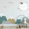 Nursery Wallpaper with Cute Sleeping Moon, Stars, and Mountains, Temporary Wallpaper, Removable Wall Mural