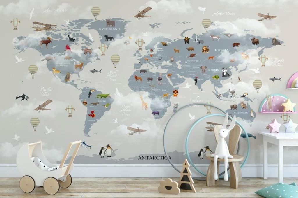 Nursery Wallpaper with World Map, Animals, and Clouds, Temporary Wallpaper, Removable Wall Mural