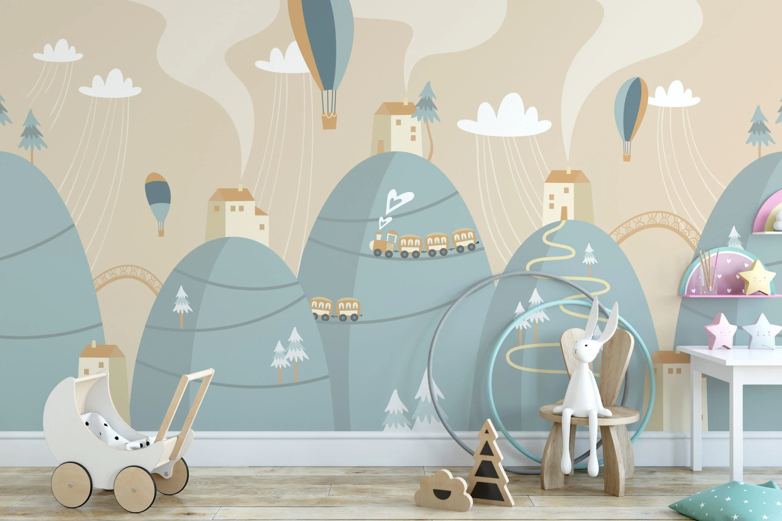Nursery Wallpaper with Mountains, Trains, and Hot Air Balloons, Peel & Stick Wall Mural, Removable Wallpaper
