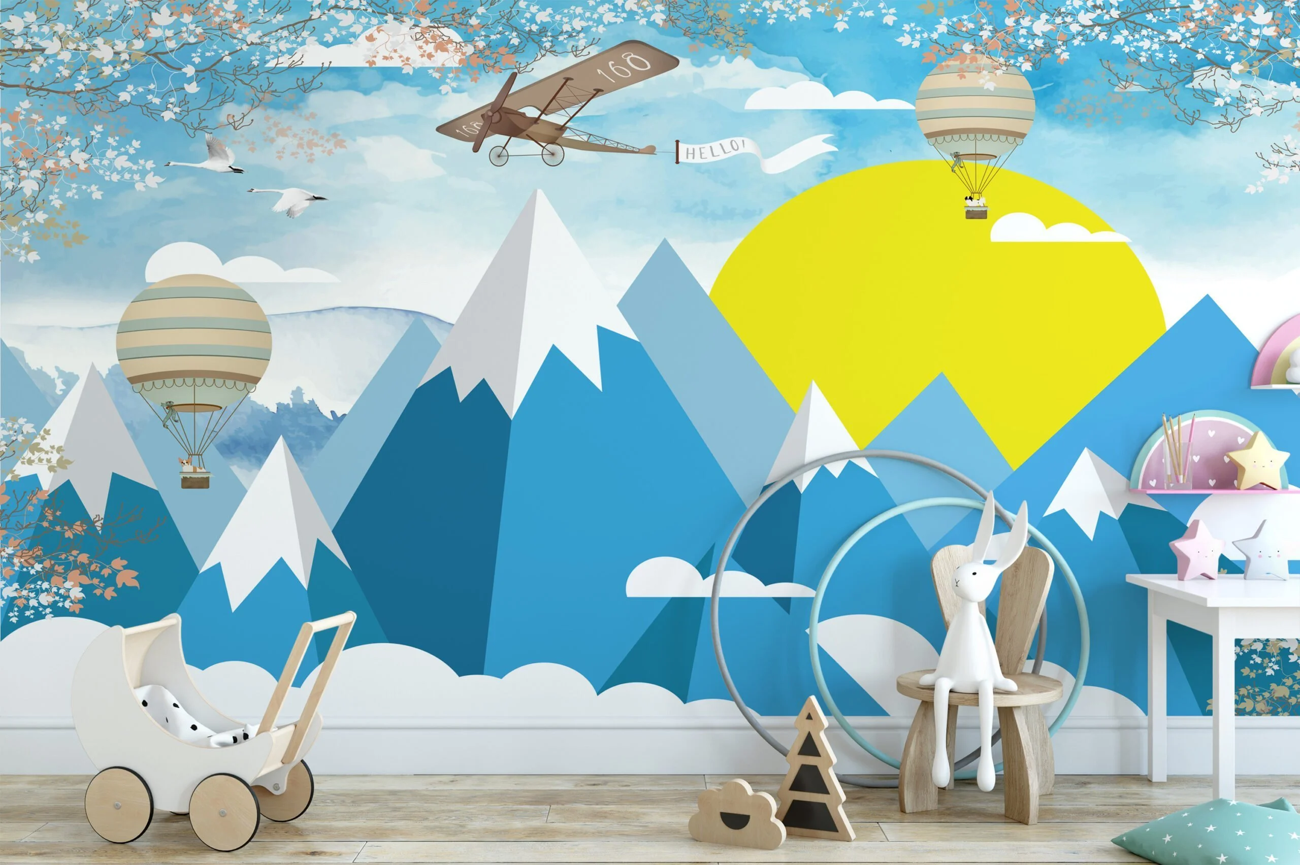 Nursery Wallpaper with Blue Mountains, Hot Air Balloons, and Aircraft, Peel & Stick Wallpaper, Durable Wallpaper