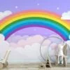 Wallpaper with Rainbow in Clouds Illustration on a Purple Background, Peel & Stick Wallpaper, Fabric Wallpaper