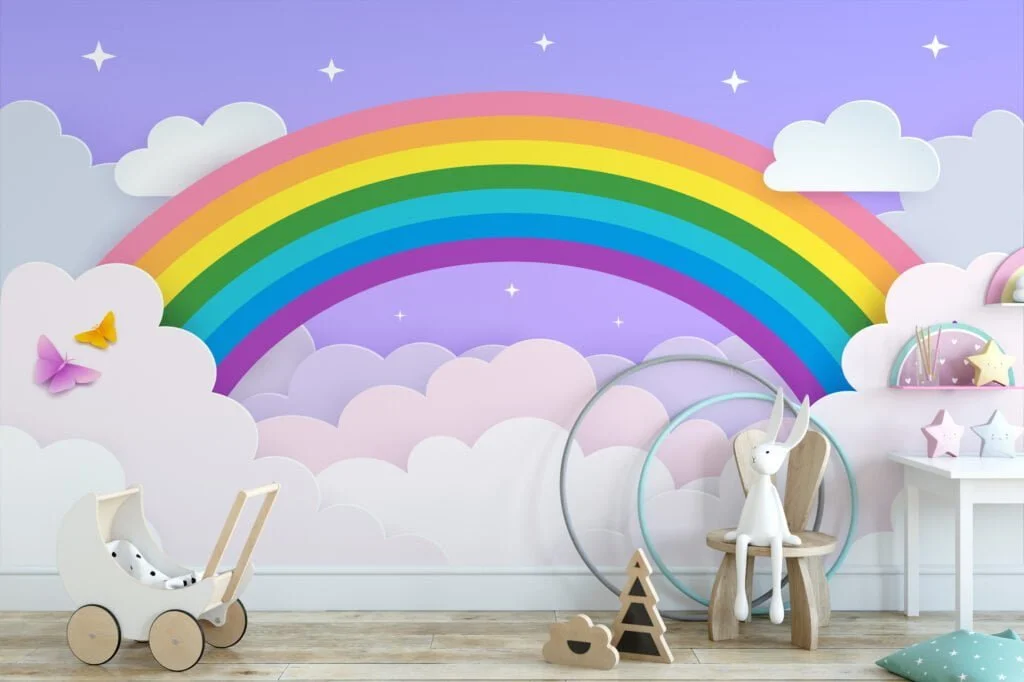 Wallpaper with Rainbow in Clouds Illustration on a Purple Background, Peel & Stick Wallpaper, Fabric Wallpaper