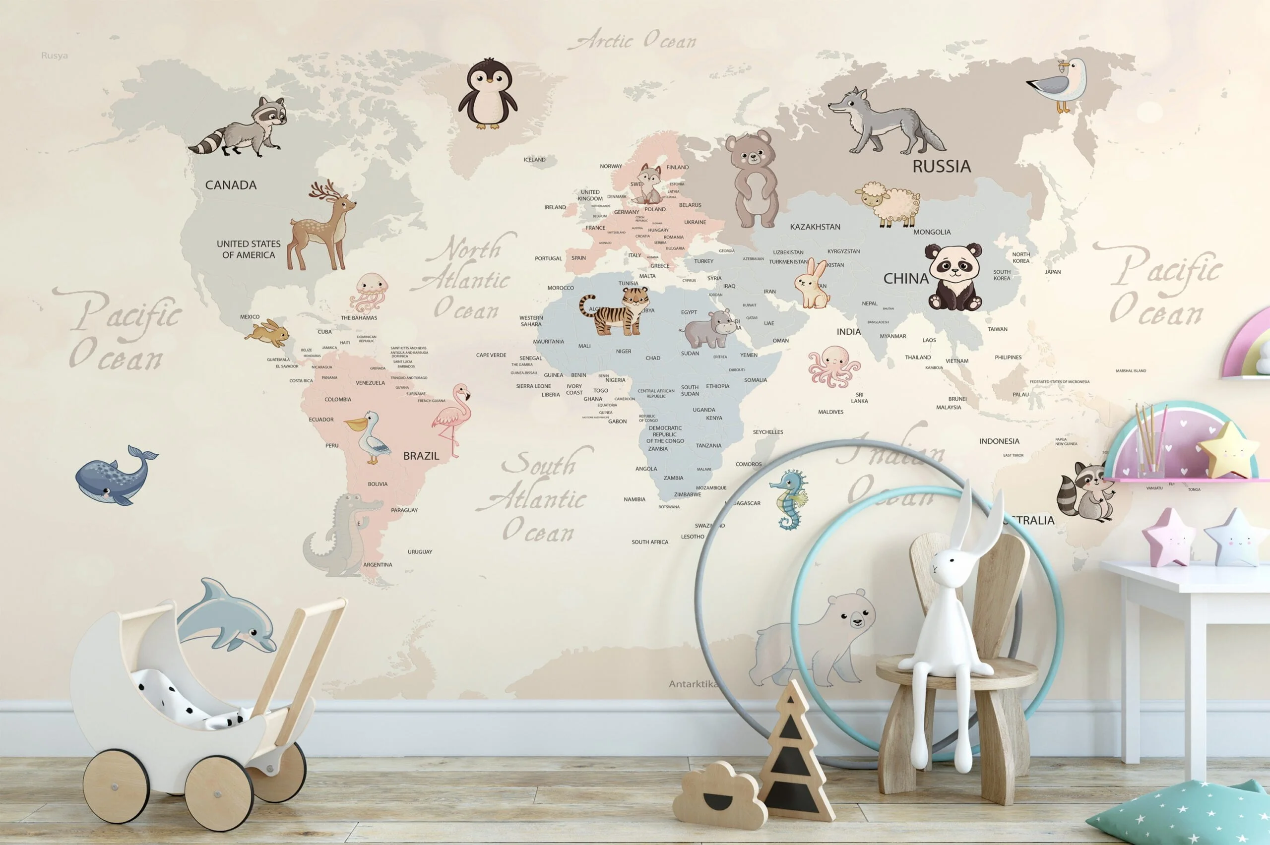 Nursery Wallpaper with Pastel World Map and Animals, Removable Wallpaper, Self Adhesive Wall Mural