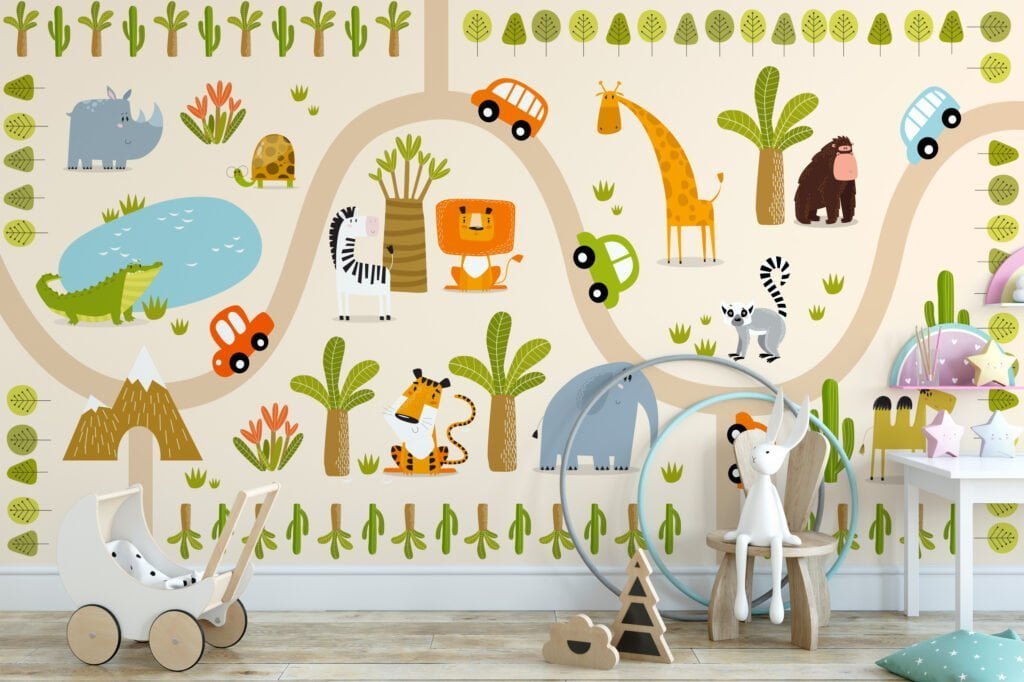 Nursery Wallpaper with Cute Animals and Trees, Peel & Stick Wall Mural, Removable Wallpaper