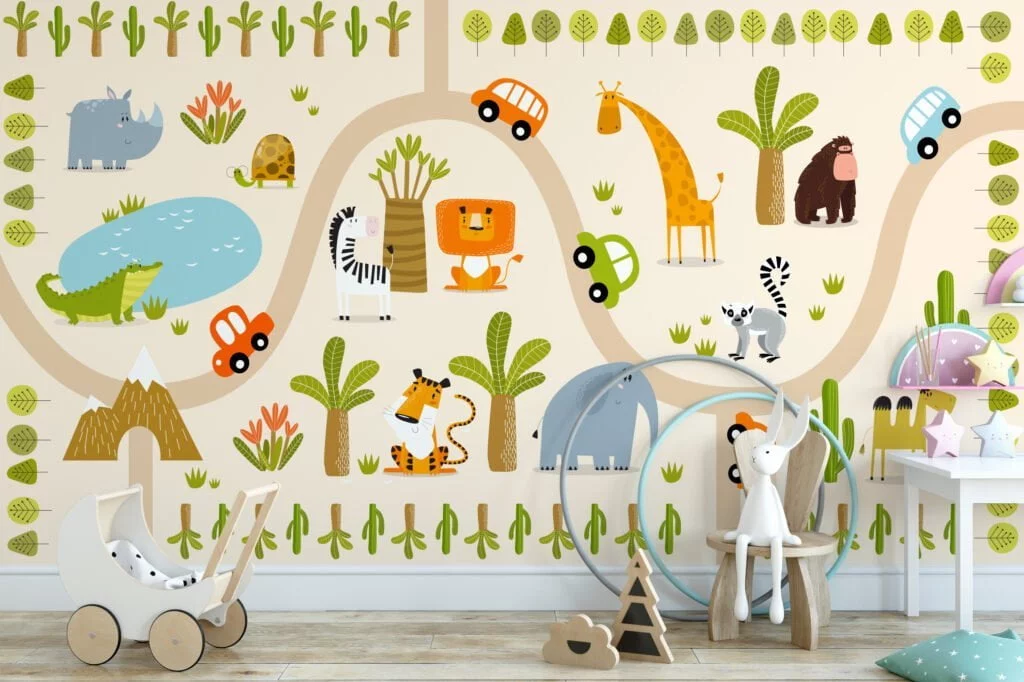 Nursery Wallpaper with Cute Animals and Trees, Peel & Stick Wall Mural, Removable Wallpaper