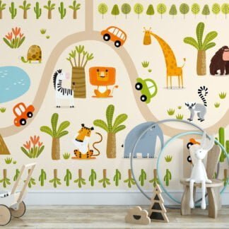 Nursery Wallpaper with Cute Animals and Trees, Peel & Stick Wall Mural, Removable Wallpaper