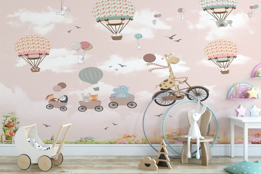 Nursery Wallpaper with Pink Pastel Hot Air Balloons, Temporary Wallpaper, Removable Wall Mural