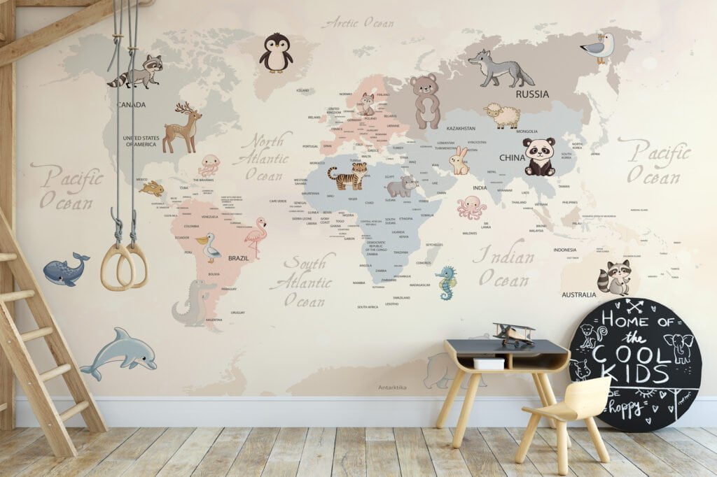 Nursery Wallpaper with Pastel World Map and Animals, Removable Wallpaper, Self Adhesive Wall Mural