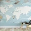 Nursery World Map Wallpaper in Pastel Light Blue, Removable Wallpaper, Self Adhesive Wall Mural