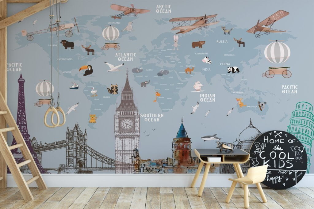 Nursery World Map Wallpaper with Animals and World Famous Architectures, Temporary Wallpaper, Removable Wall Mural