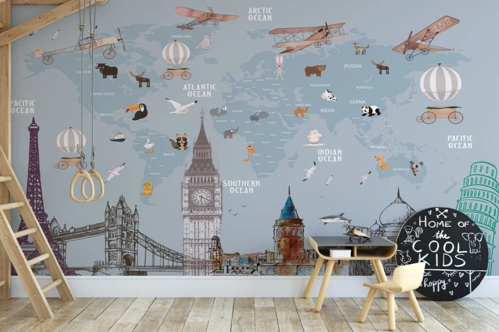 Nursery World Map Wallpaper with Animals and World Famous Architectures, Temporary Wallpaper, Removable Wall Mural