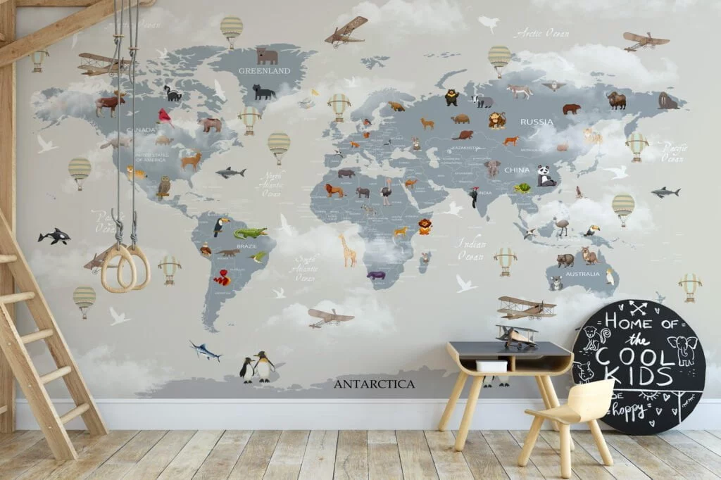 Nursery Wallpaper with World Map, Animals, and Clouds, Temporary Wallpaper, Removable Wall Mural