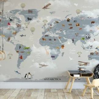 Nursery Wallpaper with World Map, Animals, and Clouds, Temporary Wallpaper, Removable Wall Mural