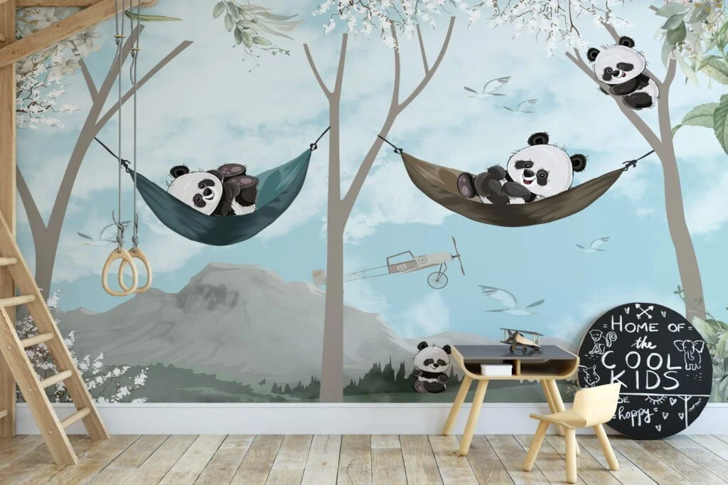 Nursery Wallpaper with Cute Relaxing Pandas in Trees Illustration, Removable Wallpaper, Self Adhesive Wall Mural