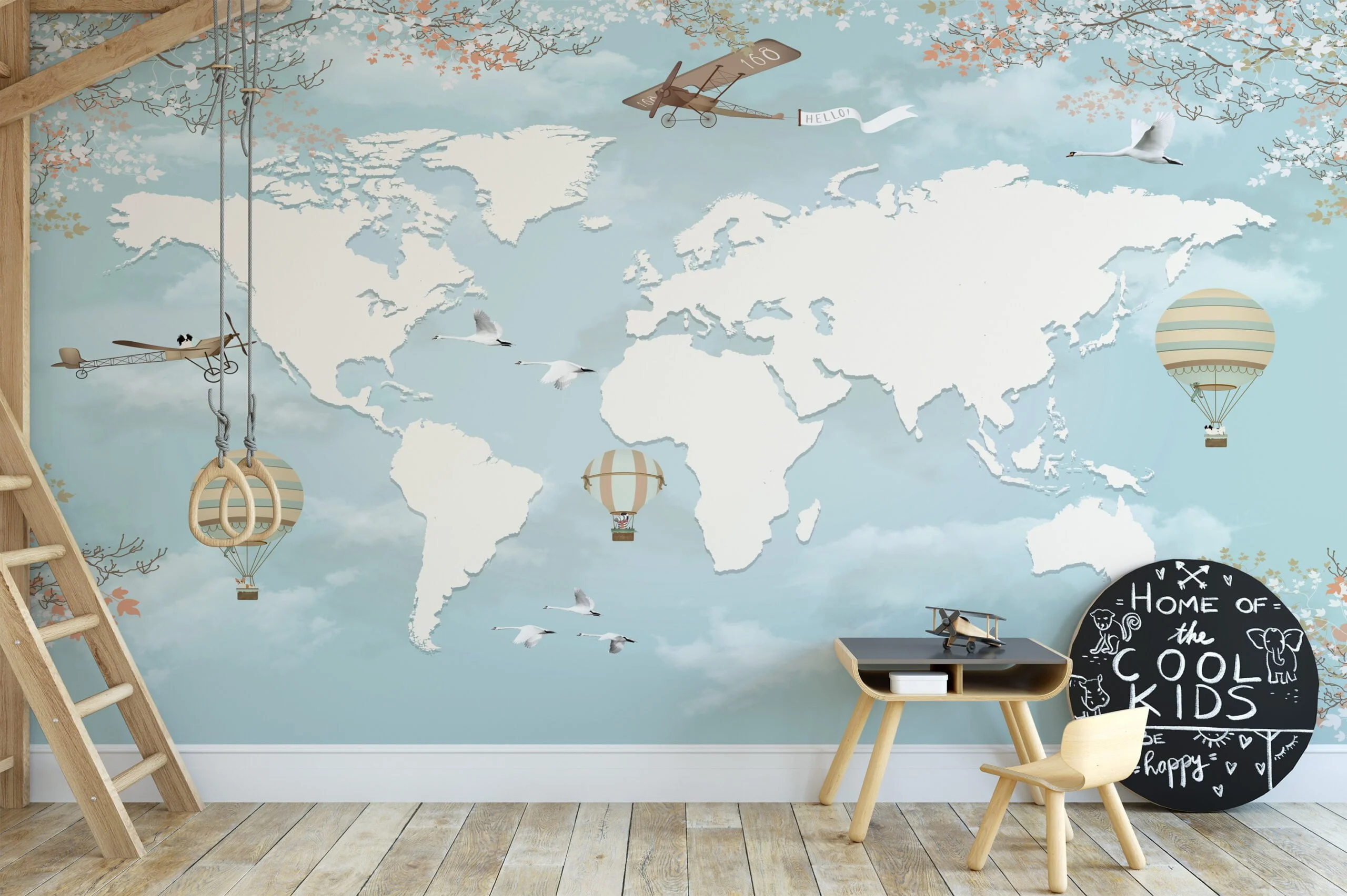Nursery World Map Wallpaper in Pastel Light Blue, Removable Wallpaper, Self Adhesive Wall Mural
