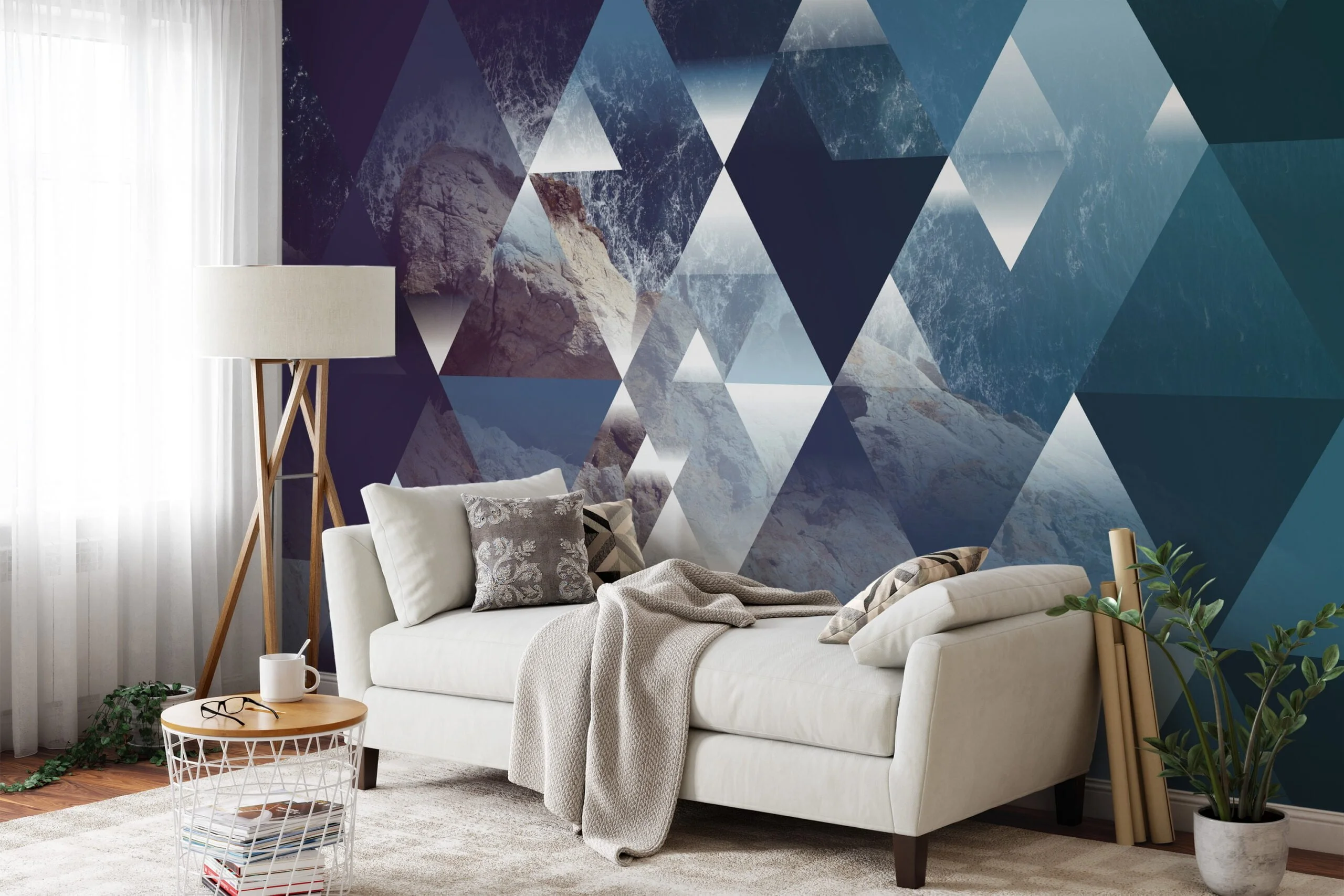 Geometric Abstract Wallpaper with Mountains and Ocean, Triangular Design Peel & Stick Wall Mural