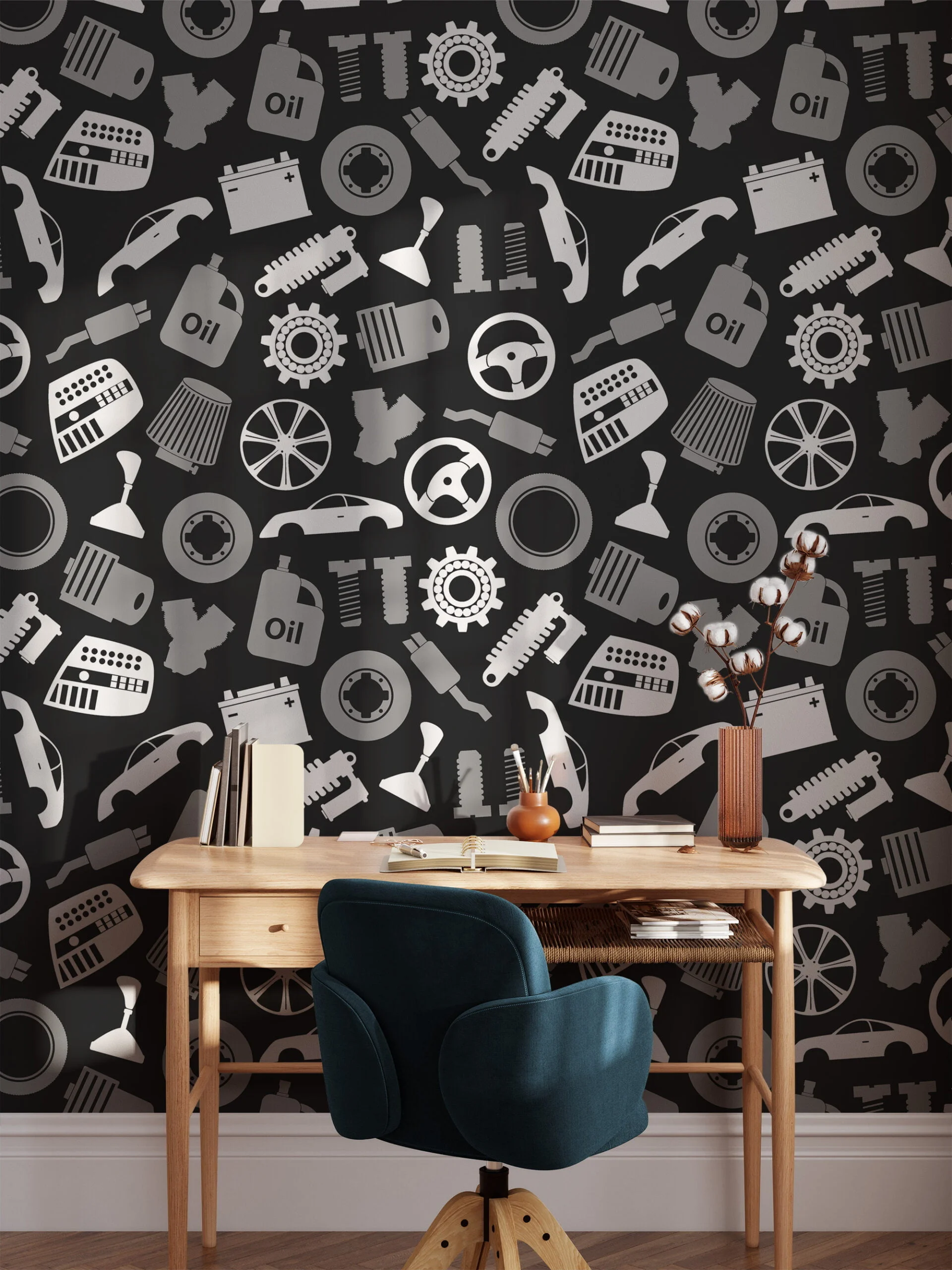 Vehicle Mechanic Tools Flat Art Illustration Wallpaper, Automotive Elements Pattern Wallpaper, Car Parts Peel and Stick Wall Mural