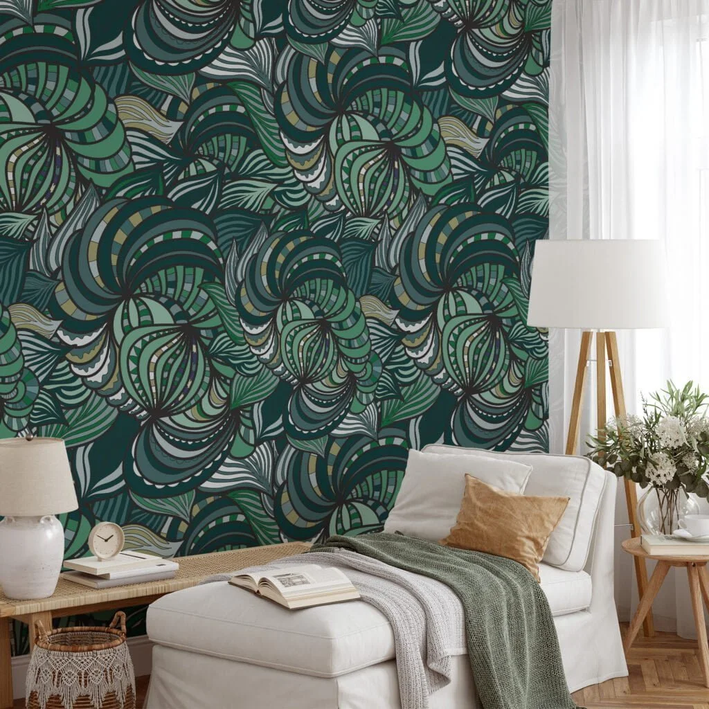 Dark Green Abstract Swirls Illustration Wallpaper, Lush Greenery Peel and Stick Wallpaper, Nature-Inspired Wall Mural