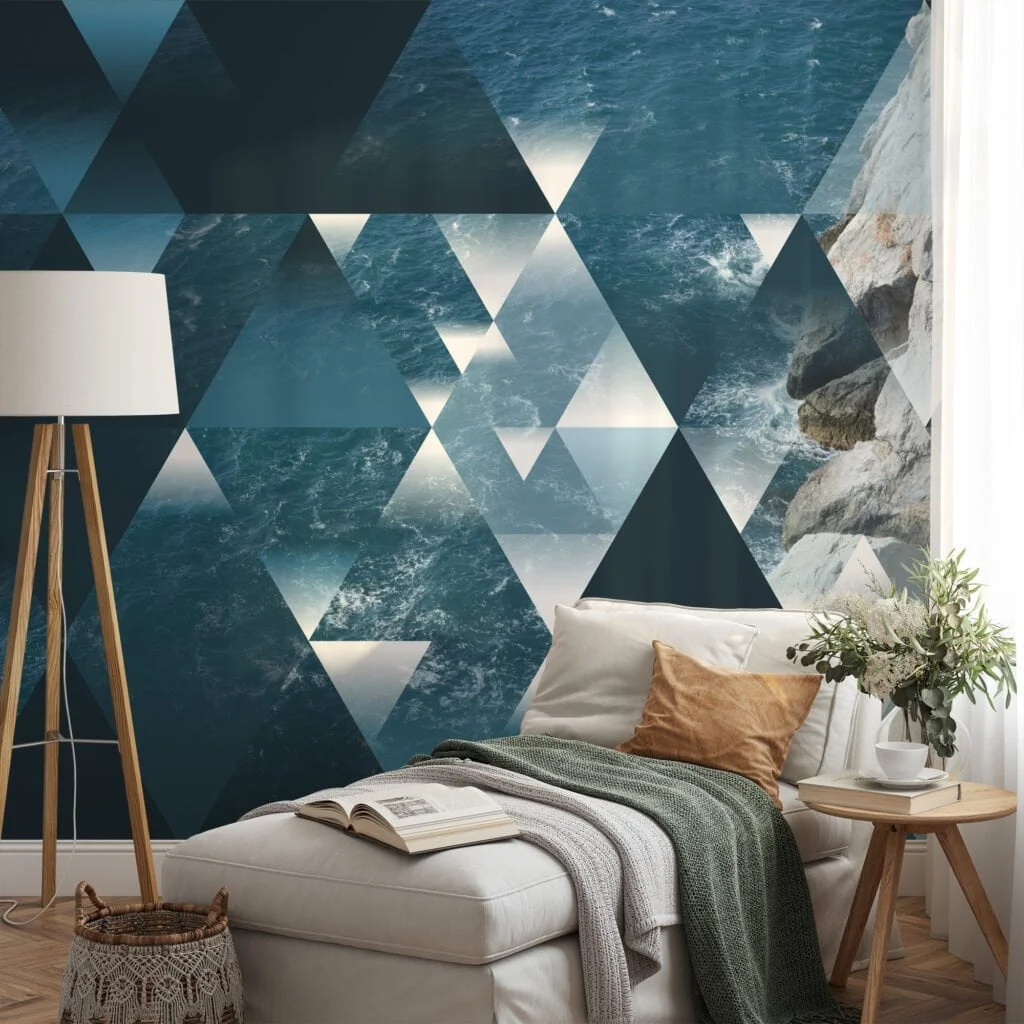 Geometric Illustration with Ocean Background Wallpaper, Ocean Meets Cliff Geometric Design Peel & Stick Wall Mural