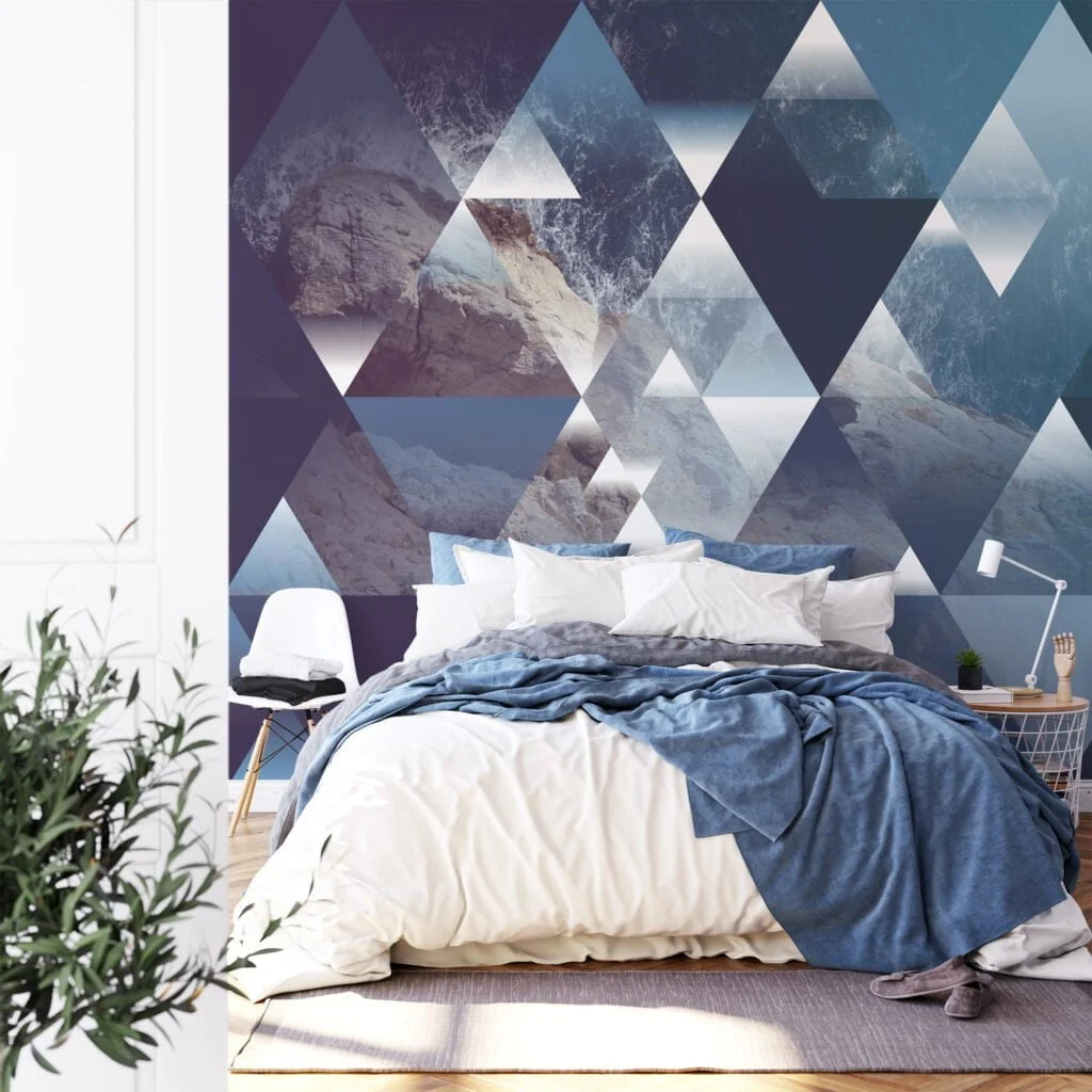 Geometric Abstract Wallpaper with Mountains and Ocean, Triangular Design Peel & Stick Wall Mural