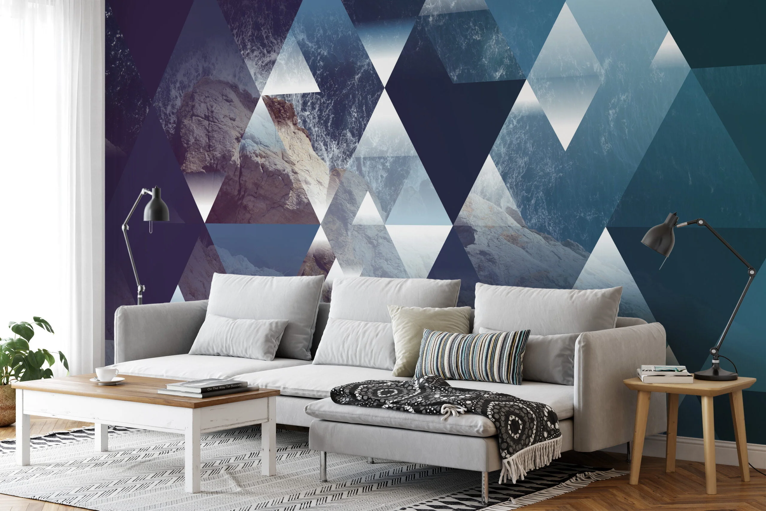 Geometric Abstract Wallpaper with Mountains and Ocean, Triangular Design Peel & Stick Wall Mural
