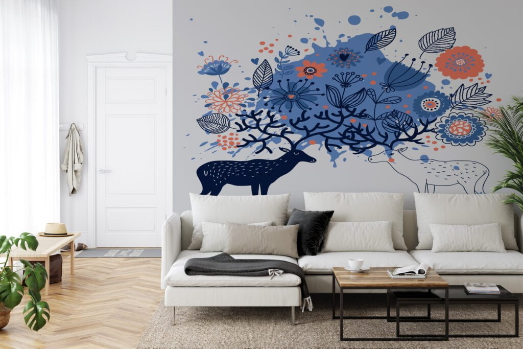 Blue and Orange Floral Illustration with Deers and Line Art Wallpaper, Blue Tones Peel and Stick Wall Mural