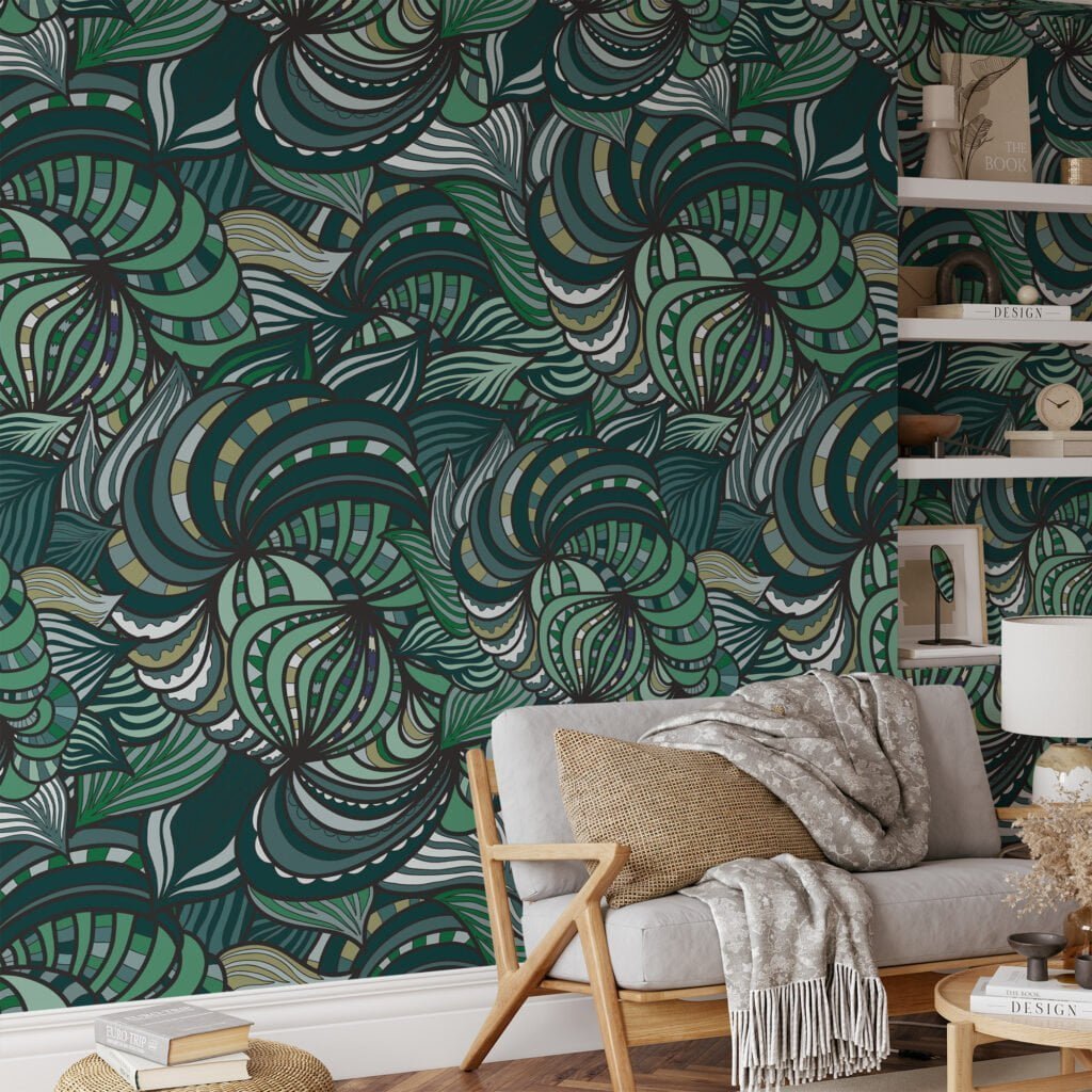 Dark Green Abstract Swirls Illustration Wallpaper, Lush Greenery Peel and Stick Wallpaper, Nature-Inspired Wall Mural