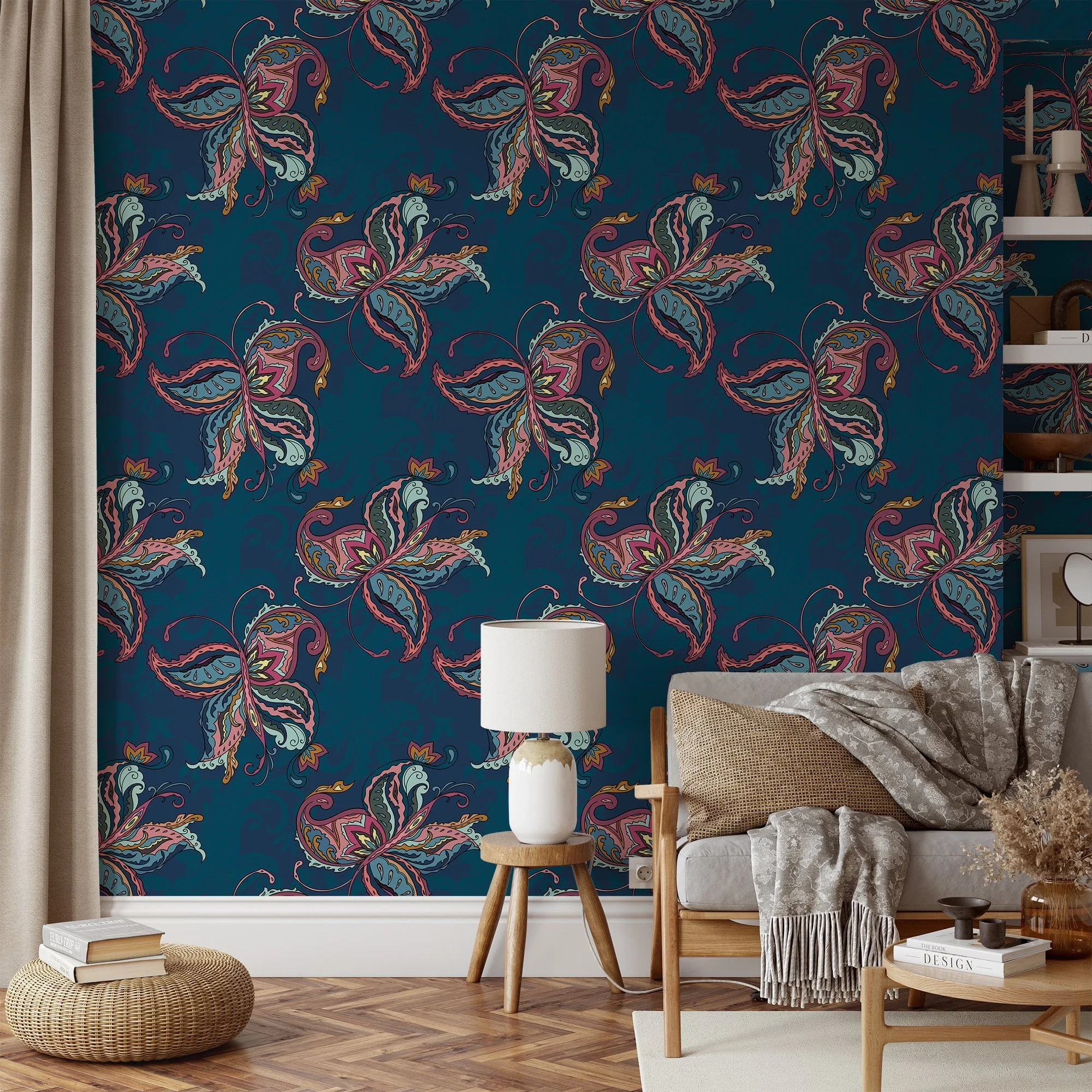 Abstract Paisley Style Butterflies Pattern Wallpaper, Mystical Butterfly Fantasy Peel & Stick Wall Mural