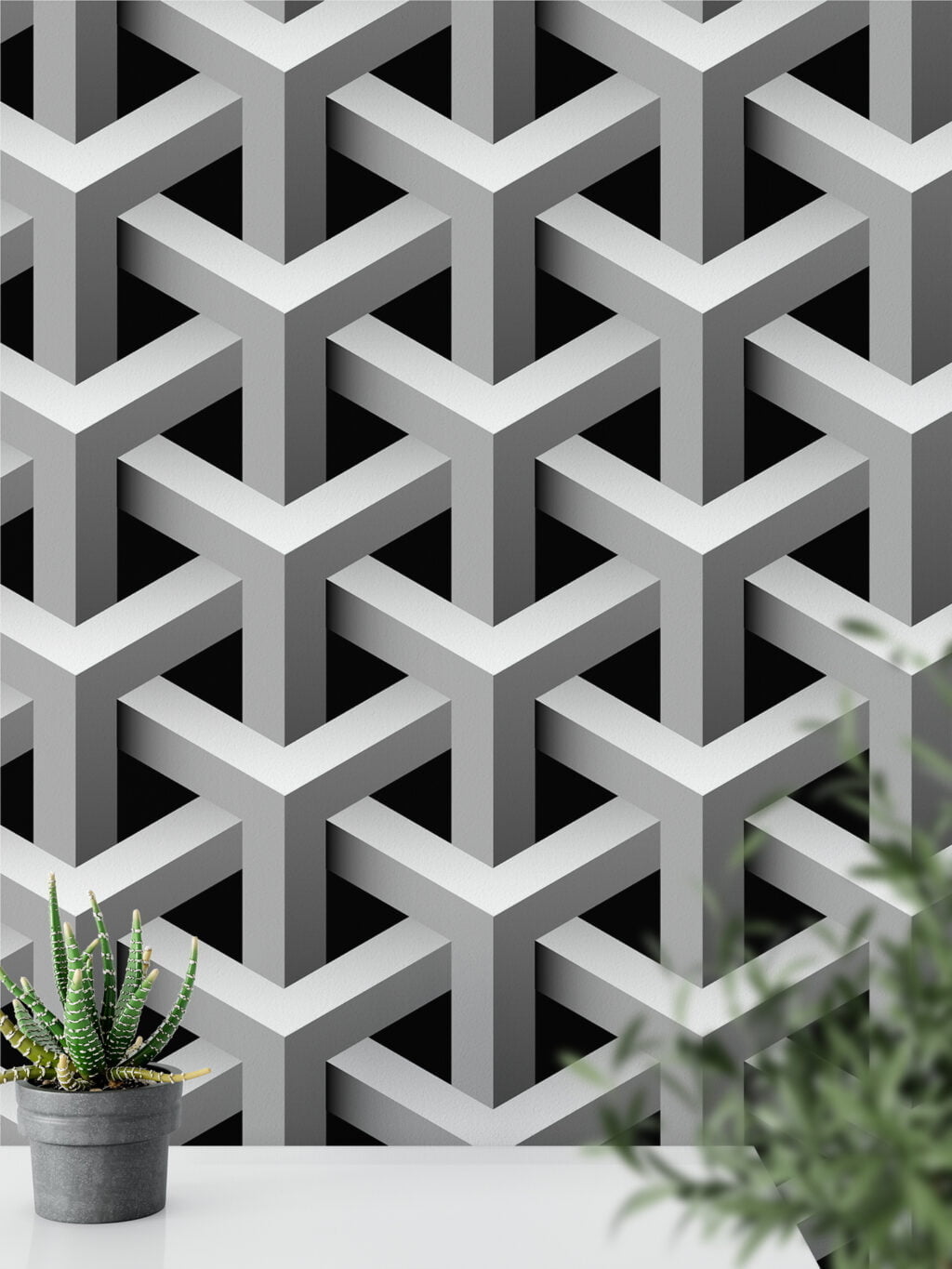 3D Cubic Geometric Design Wallpaper, Black & White Peel & Stick Wallpaper, Contemporary Wall Mural