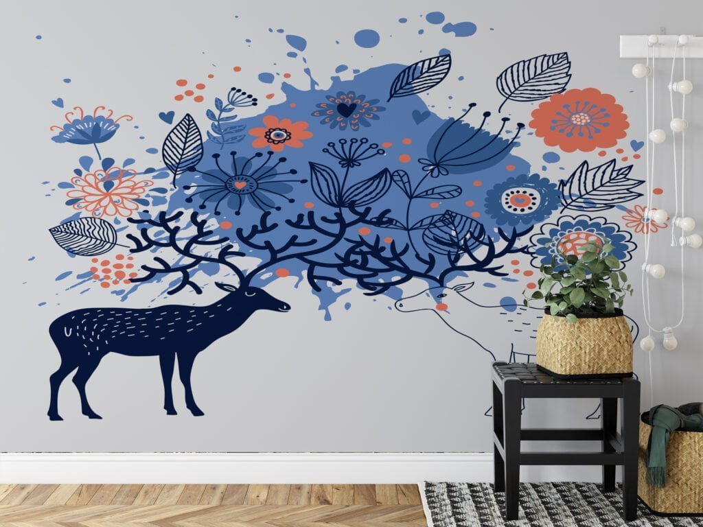 Blue and Orange Floral Illustration with Deers and Line Art Wallpaper, Blue Tones Peel and Stick Wall Mural