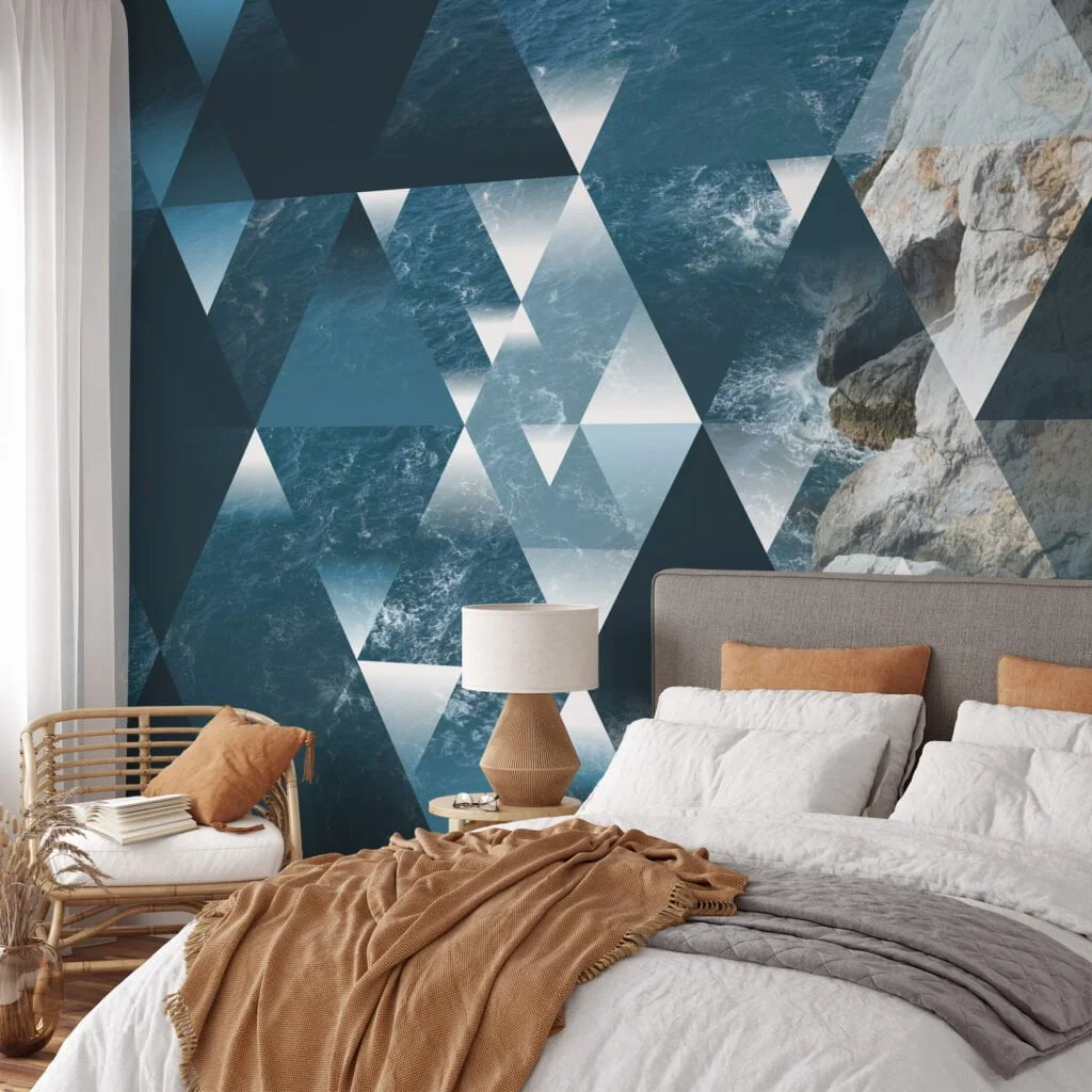 Geometric Illustration with Ocean Background Wallpaper, Ocean Meets Cliff Geometric Design Peel & Stick Wall Mural