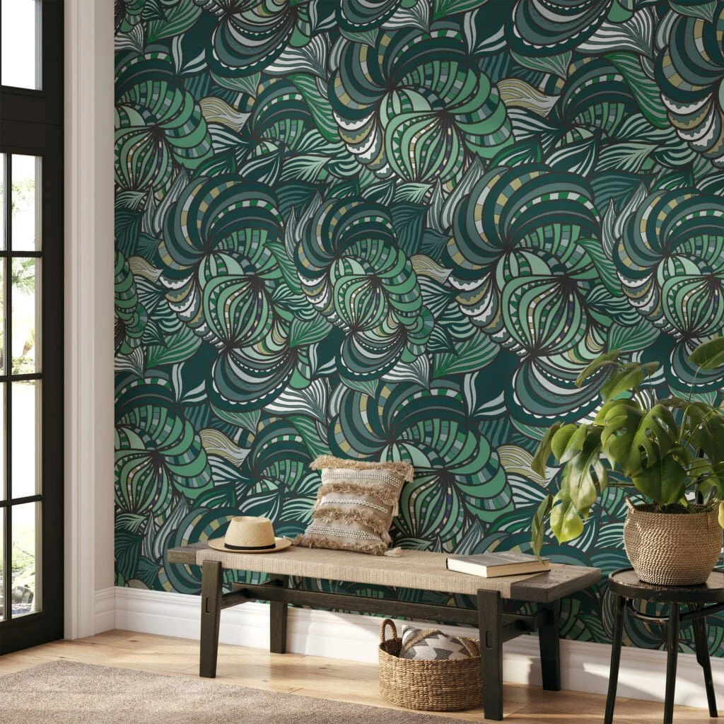 Dark Green Abstract Swirls Illustration Wallpaper, Lush Greenery Peel and Stick Wallpaper, Nature-Inspired Wall Mural