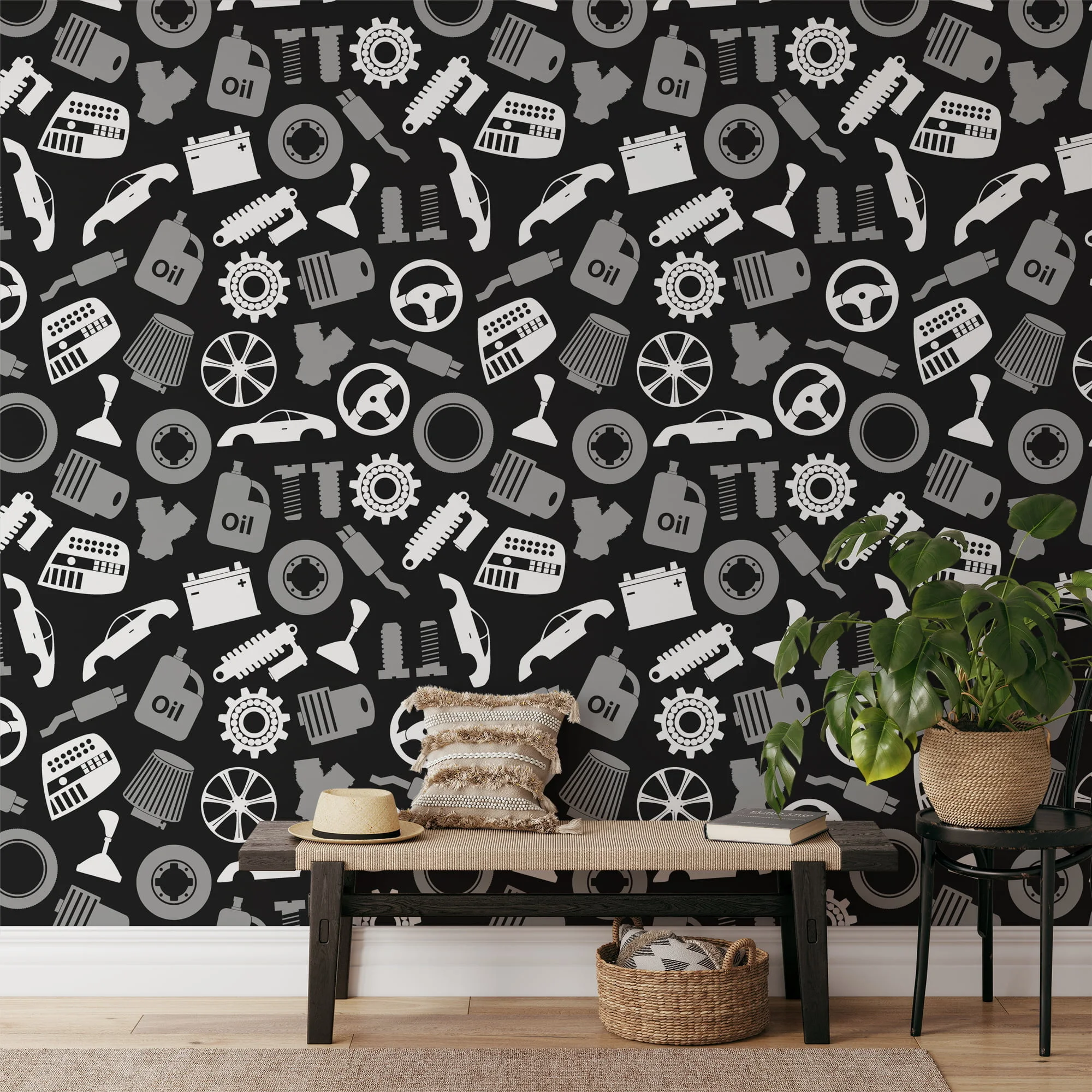 Vehicle Mechanic Tools Flat Art Illustration Wallpaper, Automotive Elements Pattern Wallpaper, Car Parts Peel and Stick Wall Mural