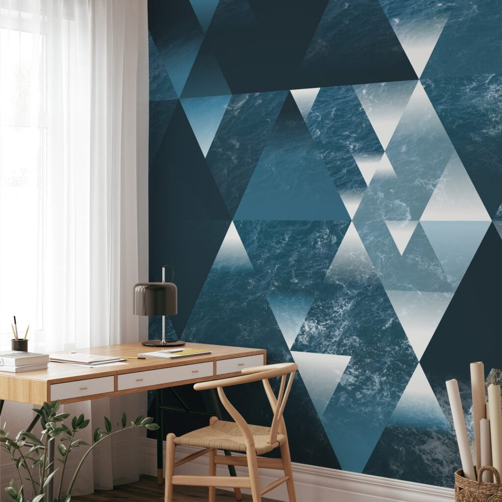 Geometric Illustration with Ocean Background Wallpaper, Ocean Meets Cliff Geometric Design Peel & Stick Wall Mural