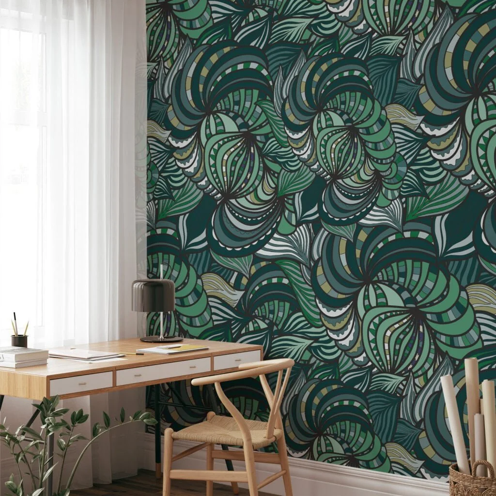 Dark Green Abstract Swirls Illustration Wallpaper, Lush Greenery Peel and Stick Wallpaper, Nature-Inspired Wall Mural