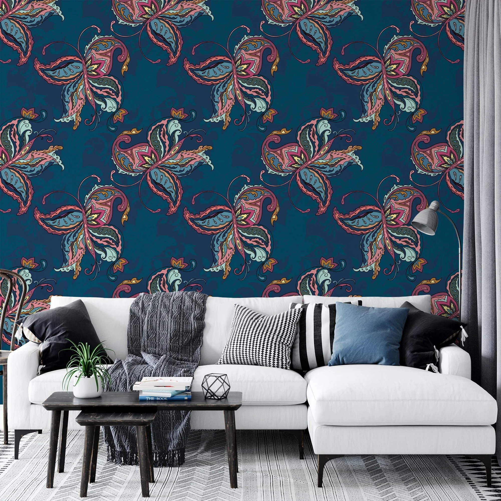 Abstract Paisley Style Butterflies Pattern Wallpaper, Mystical Butterfly Fantasy Peel & Stick Wall Mural