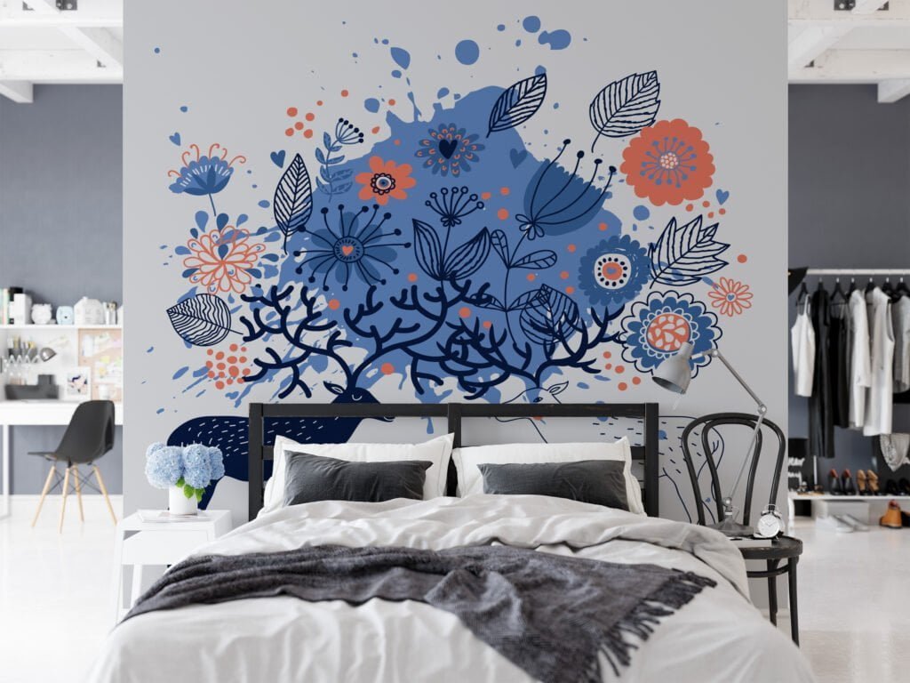 Blue and Orange Floral Illustration with Deers and Line Art Wallpaper, Blue Tones Peel and Stick Wall Mural