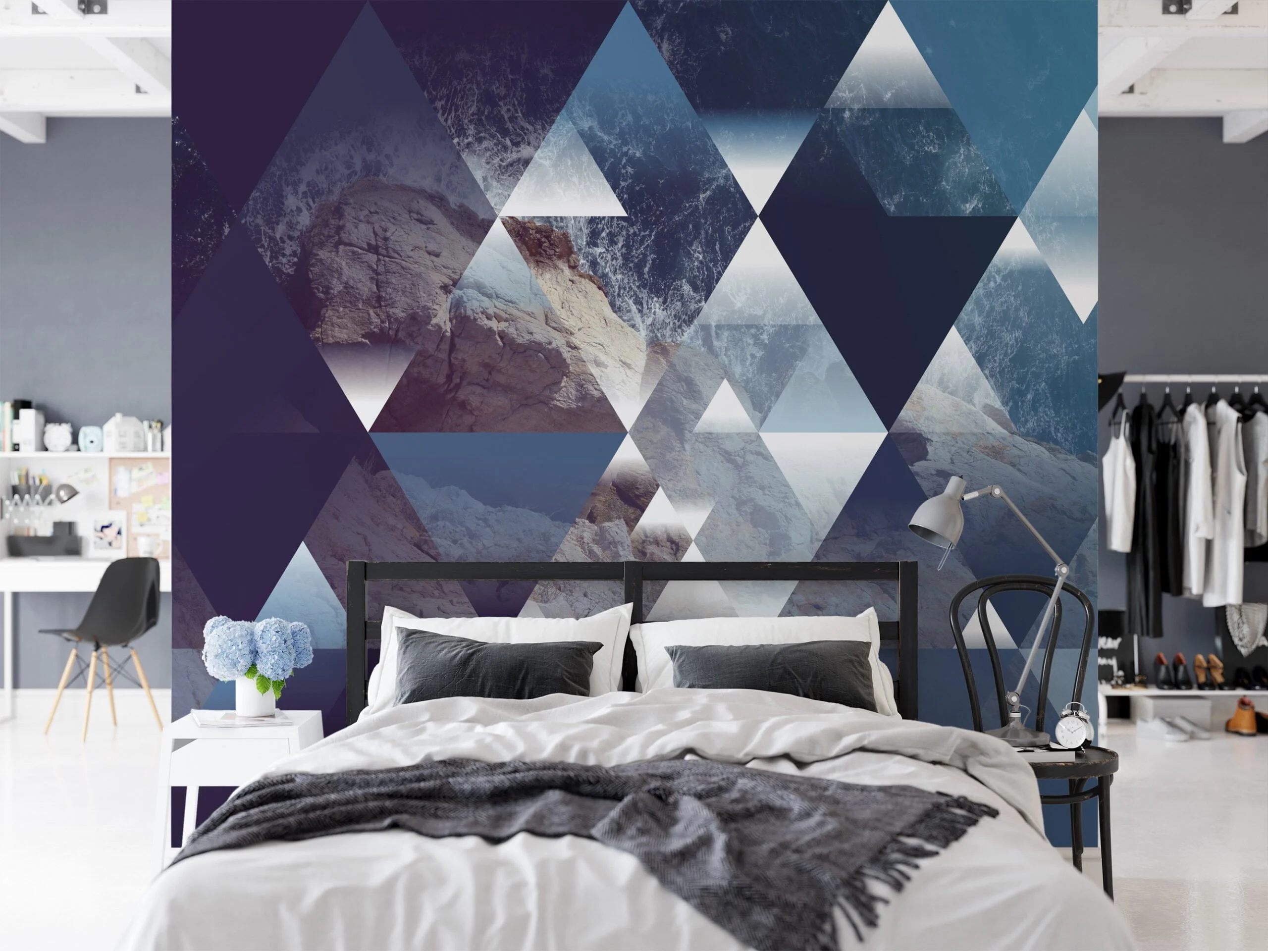 Geometric Abstract Wallpaper with Mountains and Ocean, Triangular Design Peel & Stick Wall Mural